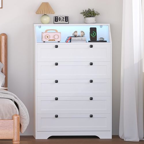 White Dresser Tall 5 Drawer Dresser for Bedroom, Wood Chest of Drawers with LED Lights, Charging Station, Metal Handles, Modern Storage Cabinet and Organizer Drawers for Living Room, Hallway