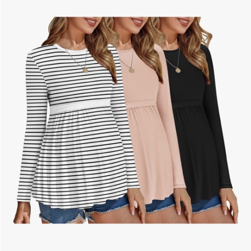 Ekouaer Maternity Shirts 3 Packs Pleated Long Sleeve Tops Tunic Casual Pregnancy Clothes
