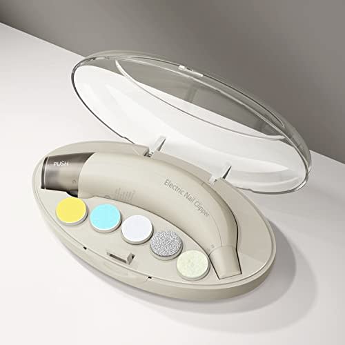 Baby Nail Trimmer Electric, ANGELBLISS Baby Nail Clippers with Grinding Cover and LED Light, Baby Nail File Kit for Newborn Infant Toddler or Adults Toes Fingernails, Included 5 Grinding Heads (Beige)