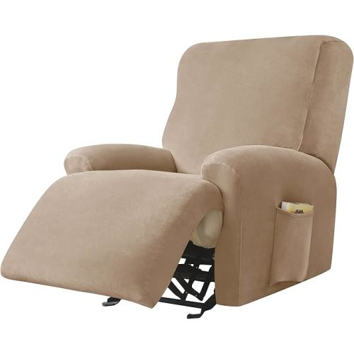 CONRUSER Recliner Chair Covers, 4-Piece Velvet Stretch Recliner Slipcover Single Seat Couch Cover Soft Furniture Protector with Pocket (Light tan)