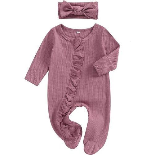 Ayalinggo Newborn Baby Girl Fall Winter Outfits Clothes Knit Jumpsuit Ruffle Romper Newborn Coming Home Outfit for Baby Girl - Mitten Cuff Jumpsuit Purple