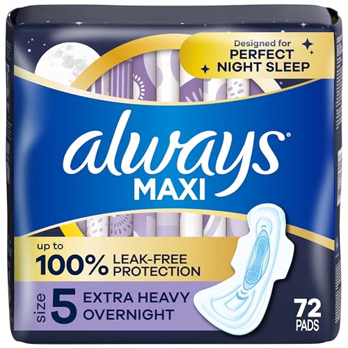 Always Maxi Overnight Pads with Wings for Women, Size 5, Extra Heavy Overnight Absorbency, Unscented, 72 Count (3 Packs of 34)