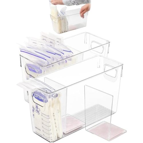 Breastmilk Storage Container with L Shaped Separator Boards, Dividers Will Flatten Standing Breast Milk Bags in Organizer Bins to Save Refrigerator Space | 2 Containers Plus 4 Pink Boards in Total.