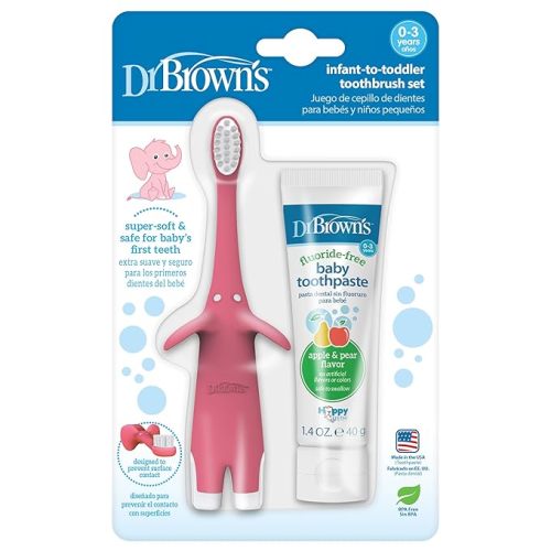 Dr. Brown's Infant-to-Toddler Training Toothbrush Set, Pink Elephant with Fluoride-Free Apple Pear Baby Toothpaste, 0-3 years (Colors/Style May Vary)