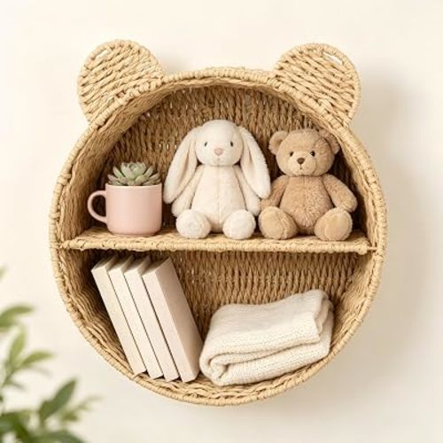 Teddy Bear Nursery Decor Wall Shelf, Paper Rope Basket 11.8x12.6in