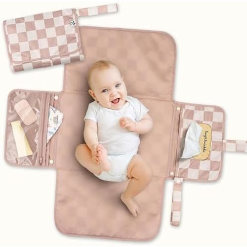 Tiny Twinkle Portable Diaper Changing Pad | Waterproof, Wipeable & Compact Baby Changing Pad for Travel | Smart Wipes Pocket & Organized Storage| Newborn Shower Gift (Beige Checkers)