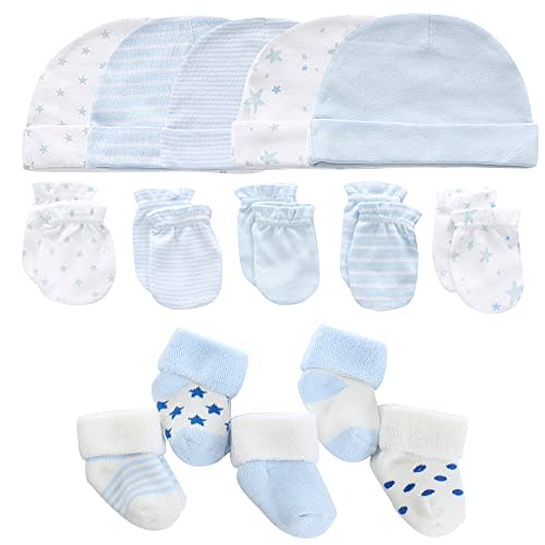 MAMIMAKA Newborn Baby Boy Girl Caps Mittens Socks Set Cotton Baby Essentials Accessories (Hats+Gloves+Socks)
