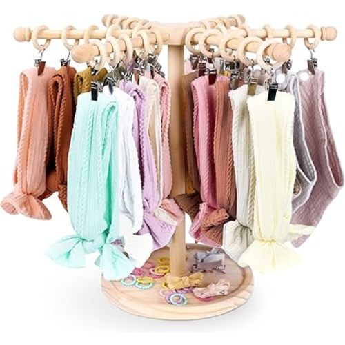 Headband Holder for Girls, 360 Rotating Headband Organizer Stand Bow Organizer for Girls, Baby Headband Display Rack, Hair Accessories Organizer Storage for Nursery Room Decor (Beige)