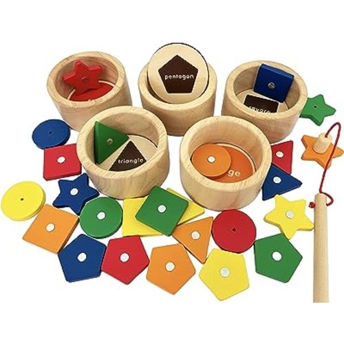 Dailyfunn Montessori Toy Wooden Sorting Cup&Fishing Game 2-in-1 Colors Shapes Sorting Matching Learning Toys for Toddlers 1-3 Year Old