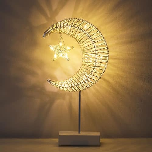 Decorative Table Lamp, Christmas Moon Star Ramadan Desk Lamp Battery Powered Warm LED Crescent Light for Xmas Home Bedroom Bedside Desktop Nightstand Decoration, White