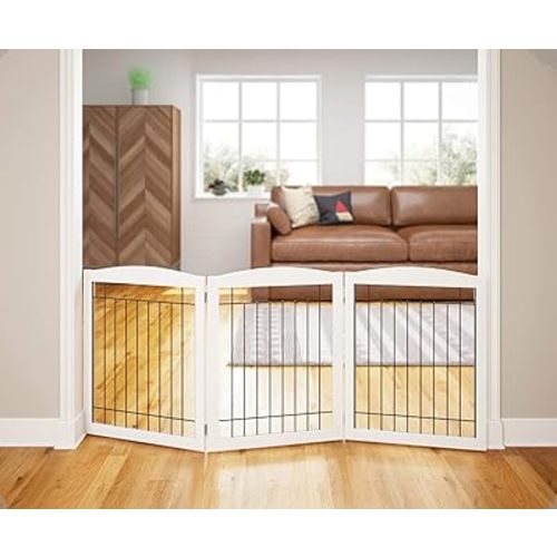 PAWLAND 72“ Extra Wide Dog gate for The House, Doorway, Stairs, Freestanding Foldable Wire Pet Gate, Pet Puppy Safety Fence, 30" Height (White, 3 Panels)