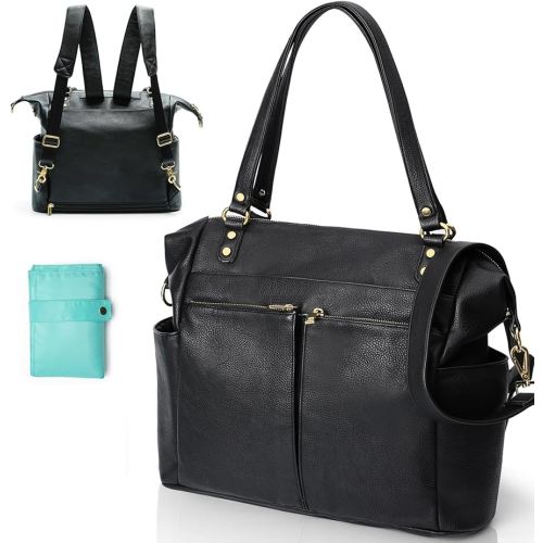 MOMINSIDE Diaper Bag Tote, Leather Diaper Bag Backpack with 14 Pockets, Convertible Baby Bag for Boys Girls, Baby Registry, Changing Pad, Large 4 Insulated Pockets(Black)