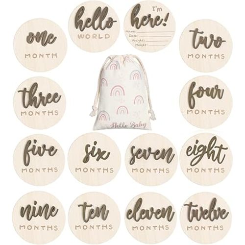 3D Baby Milestone Wooden Circles Hello World Newborn Sign 7 Pack Double Sided Monthly Milestone Cards Sign Baby Announcement Sign for Newborn Shower Photo Props(Brown)