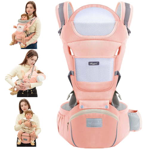 DERSTUEWE Baby Carrier with Hip Seat, Adjustable Wrap for Infants 0-36 Months, Soft Pink