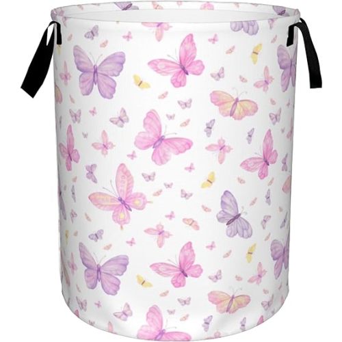 Laundry Basket,Large Oxford Fabric Fabric Storage Basket Toy Storage Box Foldable Waterproof for College Dormitory, Home Bathroom, Bedroom Office(Pink Butterfly)