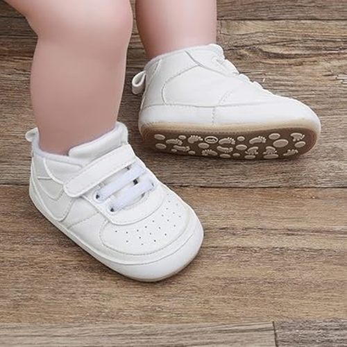 Clowora Unsex Baby Shoes Boys Girls Infant Sneakers Non-Slip Soft Rubber Sole Toddler Crib First Walker Lightweight Shoes - 12-18 Months Infant - A02/White