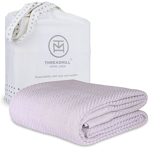 Threadmill Luxury Cotton Blankets for King Size Bed | All-Season Cozy 100% Cotton King Size Blanket | Herringbone Soft Fall Thermal Blanket fits California King Size Bed, 106x92 | Lilac