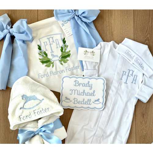 Custom Monogrammed Ultimate Baby Gift Bundle with Baby Bassinet Banner, Pima Outfit, Name Card and Hooded Towel Baby Shower, Hospital
