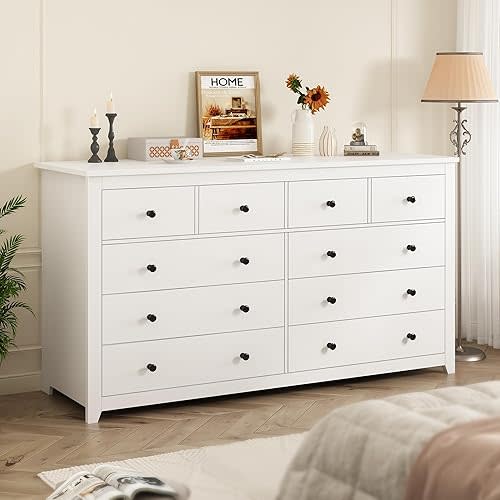 EnHomee White Dresser, Dresser for Bedroom with 10 Wood Drawers Dressers & Chests of Drawers with Smooth Metal Rail, Wide Storage Dressers Organizer for Hallway, Bedroom, 52.2W*15.8" D*35.8" H