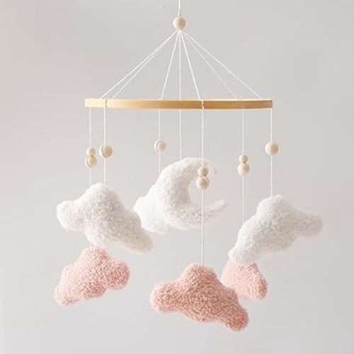 EERKEOD Baby Crib Mobile Bunny Nursery Mobile for Boys Girls Teddy Velvet Mobile Nursery Decor for Infant Bedroom Hanging Baby Mobile for Bassinet Newborn Baby Gift(Pink Clouds)