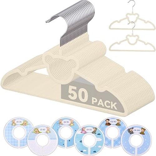 Kids Velvet Hangers 50 Pack,12.8 Inch Non-Slip Baby Clothes Hangers for Closet,Ultra Slim and Stackable Space Saving Children Felt Hangers,Strong & Durable Kid & Toddler – Beige