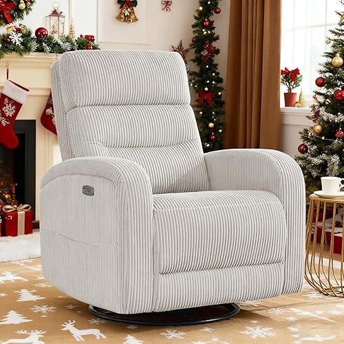 Swivel Glider Recliner for Nursery, Power Rocking Recliner with USB and Type-C Port, Nursery Swivel Recliners for Living Room, Camel Corduroy