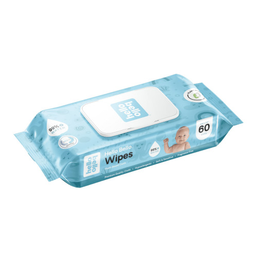 Hello Bello Baby Wipes, 60 Unscented Plant-Based Wipes, 1 Pouch (Choose Your Count)