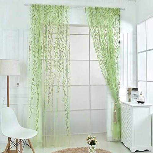 Ufurty 2 Pieces Willow Window Curtain Voile Tulle Room Salix Leaf Sheer Gauze Panel Drapes Green Color for Living Room, Bedroom, Balcony