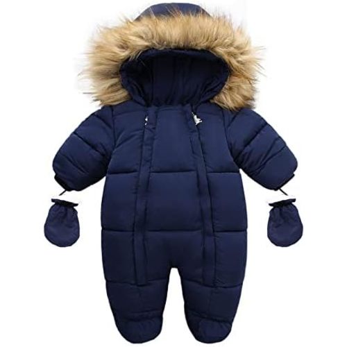 Newborn Baby Boy Girl Winter Snowsuit Down Coat Puffer Jacket with Hood Fur Collar Warm Footed Jumpsuit with Gloves