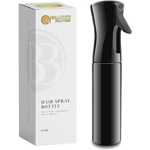 BeautifyBeauties Hair Spray Bottle – Ultra Fine Continuous Water Mister for Hairstyling, Cleaning, Plants, Misting & Skin Care (Black, 10.1 Ounces)