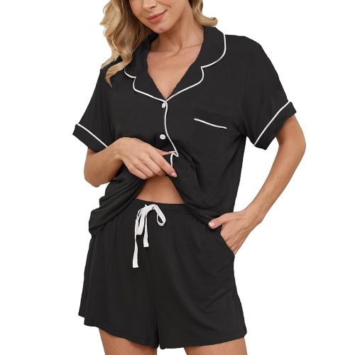 Yoolfine Pajamas for Women Set Sleepwear Nursing Lounge Sets Shorts with Two Pockets, Black, L at Amazon Women’s Clothing store