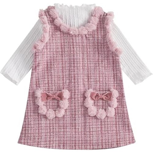 2PCS Toddler Baby Girl Mock Neck Long Sleeve Sweater + Zipper Sleeveless Tweed Straight Dress Sets