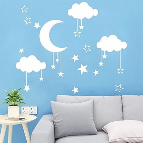 Big Cloud Wall Decals, Star Wall Stickers, Art DIY Good Night Nursery Decor, Removable Clouds Moon Stars Wall Stickers for Kids Nursery Bedroom