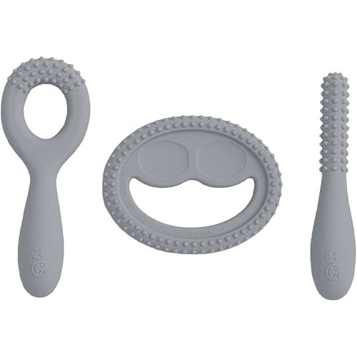 ezpz Oral Development Tools - 3 Months+ (3 Pack in Gray) - Non-Slip Loop, Smile and Stick, 100% Silicone Tools to Practice Feeding + Chewing - Sensory Bumps - Dishwasher Safe