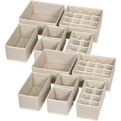 12 Pack Foldable Drawer Organizer Dividers Cloth Storage Box Closet Dresser Organizer Cube Fabric Containers Basket Bins for Underwear Bras Socks Panties Lingeries Nursery Baby Clothes Beige