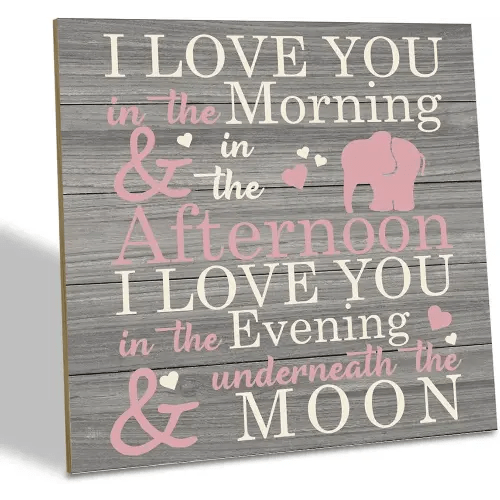 Love Sign, Wood Plaque Table Art Sign 6.2 * 6.2inch, Elephant Wood Sign for Nursery, Decoration for Baby Girls Room, Daughter's Room Decor, I Love You in the Morning Afternoon Evening & Moon