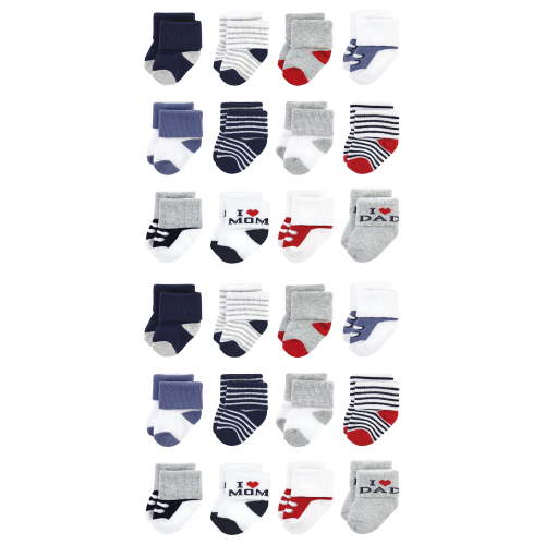 Hudson Baby Cotton Rich Baby Terry Socks 24-Pack, Mom Dad Boy Navy Red, 6-12 Months
