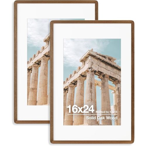 16X24 Poster Frame | Solid Oak Wood 16 X 24 Picture Frame | 24X16 Poster Frame With Mat For 12X18 | Tempered Glass And Hanging Hardware Included | 16 By 24 Picture Frame Wood (Walnut, 2 Pcs)