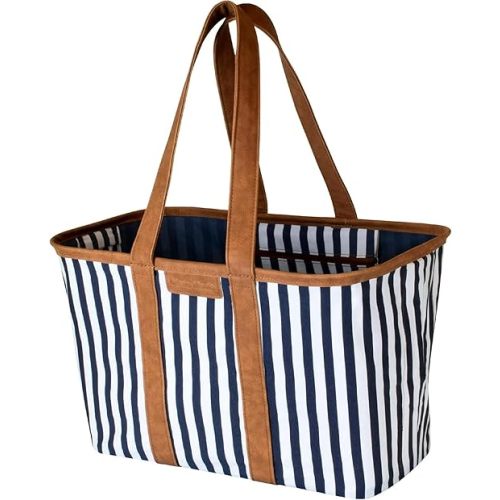 CleverMade Collapsible LUXE Tote, Navy Striped - 30L (8 Gal) Structured Tote Bag with Handles and Reinforced Bottom - Reusable Grocery Bag, Shopping Bag, Utility Tote Bag