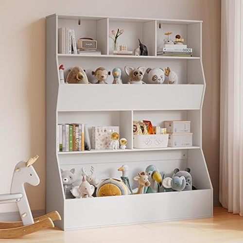 Arlopu Bookshelf and Toy Storage Organizer,4 Tier Large Wooden Book Shelf Toy Cabinet for Toddler in Classroom Playroom Bedroom Living Room (White)