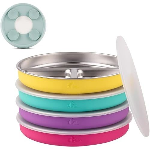 Elk and Friends Stainless Steel Divided Plates with Silicone Sleeve for Babies & Toddlers | Lids Included | Stay Put Suction | Dinner & Snack Plates | 4 Pack