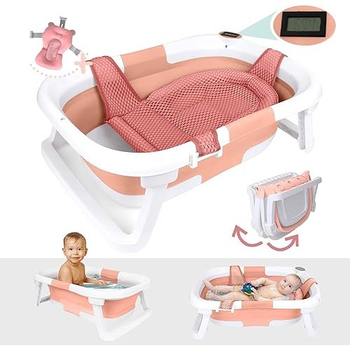 BEBELEH™ Collapsible Baby Bathtub with Thermometer – Bathtub + Baby tub Sling + Newborn Sling – Baby Bathtub Newborn to Toddler 0-24 Months – The Ultimate Baby Bath tub! (with Thermometer,Pink)
