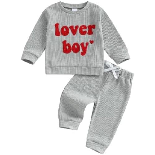 Lesimsam Toddler Baby Boy St Patricks Day Outfit Letter Embroidery Long Sleeve Waffle Knit Sweatshirt and Pants Set