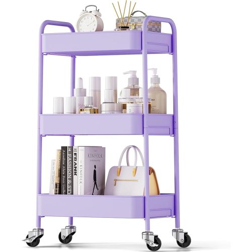 TOOLF 3-Tier Rolling Cart, Metal Utility Cart with Lockable Wheels, Storage Craft Art Cart Trolley Organizer Serving Cart Easy Assembly for Bathroom, Kids' Room, Bedroom, Purple