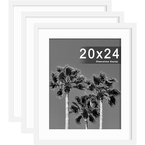 Abtgt 20x24 Picture Frame Set of 3, Display Pictures 16x20 with Mat or 20x24 Without Mat, Poster Frame for Wall Mounting Display, White