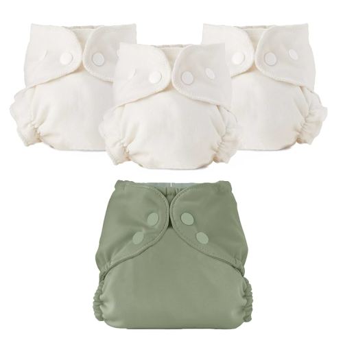 Esembly Cloth Diaper Bundle Set - 3 Organic Cotton Absorbent Inners and 1 Waterproof Outer Diaper Cover - Reusable, Washable, Snap Closure Cloth Diapers - Size 1 (7-17lbs), Aloe