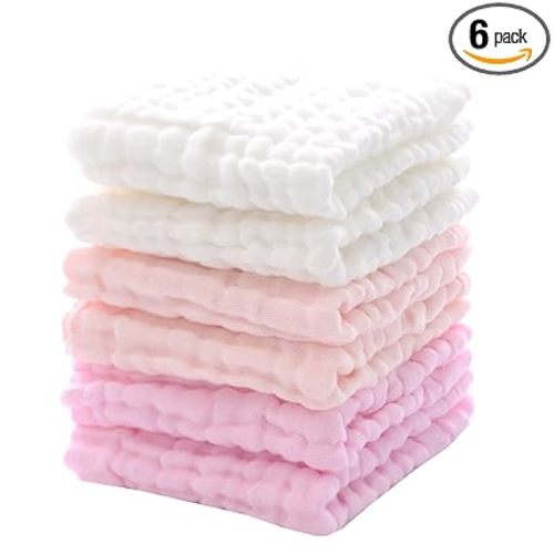 MUKIN Baby Washcloths and Burp Cloths, Soft Absorbent Towels for Newborns, 6 Pack, 12x12 Inches (Pink)