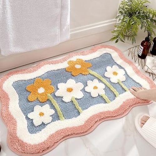 Cute Bath Mat, 32" x 20" Extra Soft Pink Bathroom Rugs, High Absorbent Flower Area Rug, Non Slip Machine Washable Bathroom Mat, Great for Indoor Bathtub Bedroom Floor