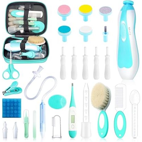 Baby Healthcare and Grooming Kit, 30 in 1 Portable Baby Essentials Kit Electric Nail Trimmer Set with Gas Relief Hair Brush Comb Nasal Aspirator for Newborn Boys Girls (Green)