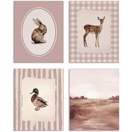 DEQSX Pink Vintage Rabbit Checkered Deer Striped Mallard Duck Wall Art Prints Set of 4, Rustic Cottagecore Animal Farm Field Picture Wall Decor for Toddler Baby Girls Room Nursery Room, 8x10 Unframed